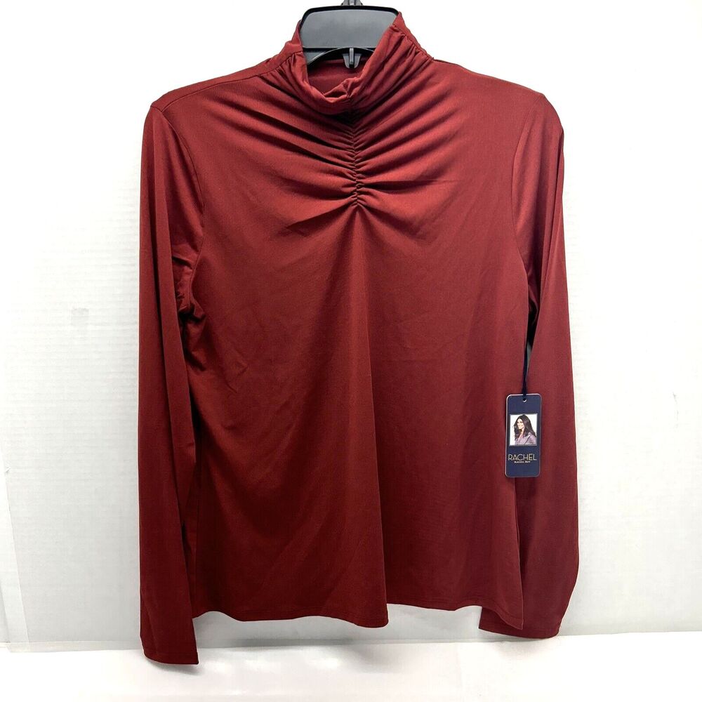 Rachel Roy Mock Tee Gathered-Front Top LS Burgundy Womens Size M NWT